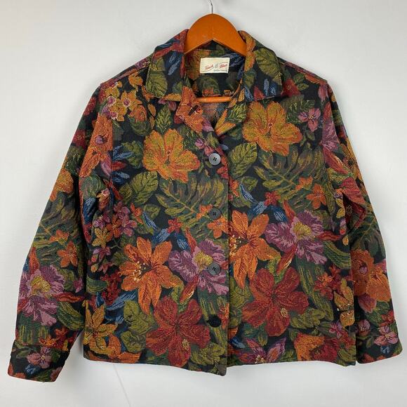 Vintage Jackets & Blazers - Vintage Touch O’ Blue Floral Earthy Boho Tapestry Chore Jacket Small